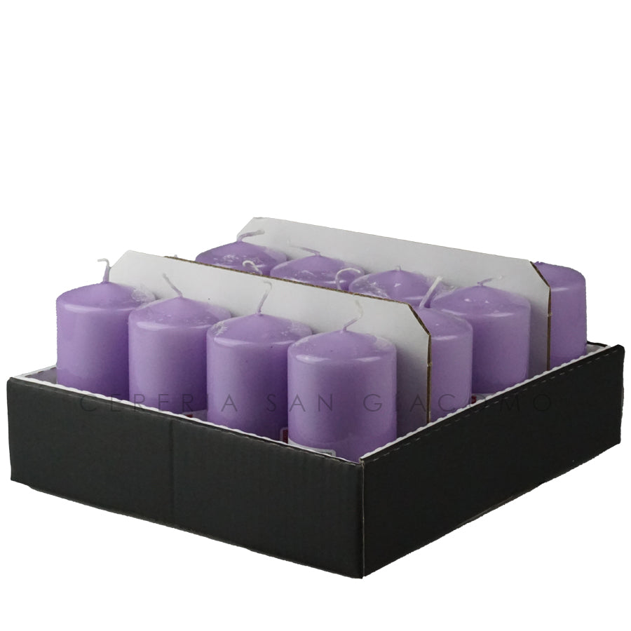 Candele Cilindriche Ø60 mm. h 120 mm. Lilla in vassoio da 16 durata ±33 ore in cellophane Candele-cereriasangiacomo