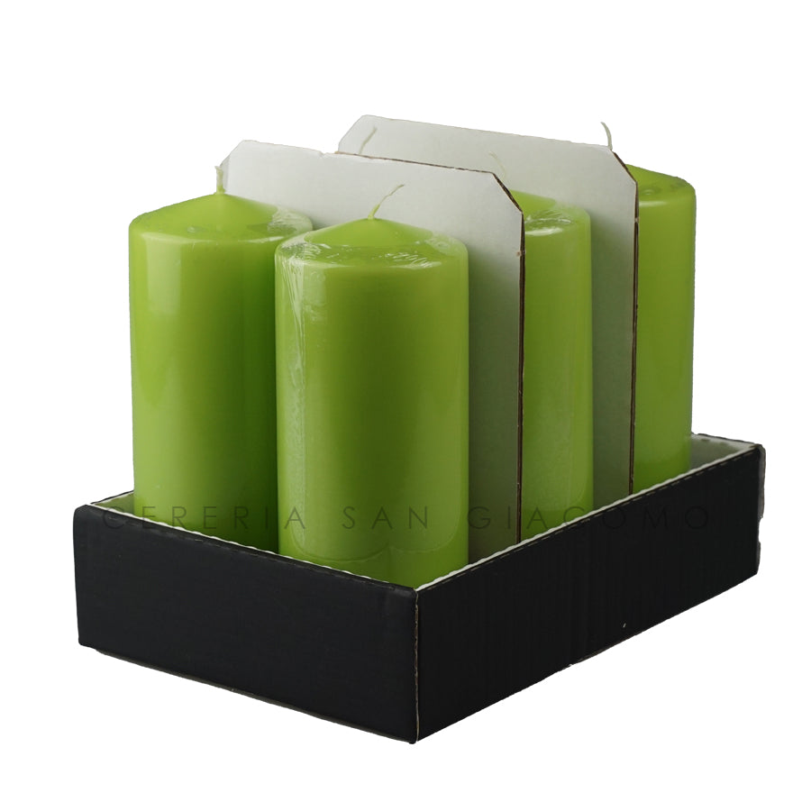 Candele Cilindriche Ø80 mm. h 200 mm. Verde Mela in vassoio da 6 durata ±119 ore in cellophane Candele-cereriasangiacomo