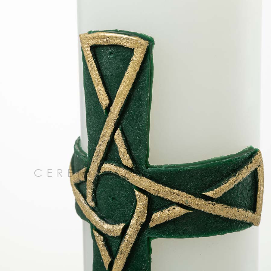 Cero Pasquale in cera bianca completo di immagini in cera in rilievo "Croce Verde Intrecciata" Candele.it