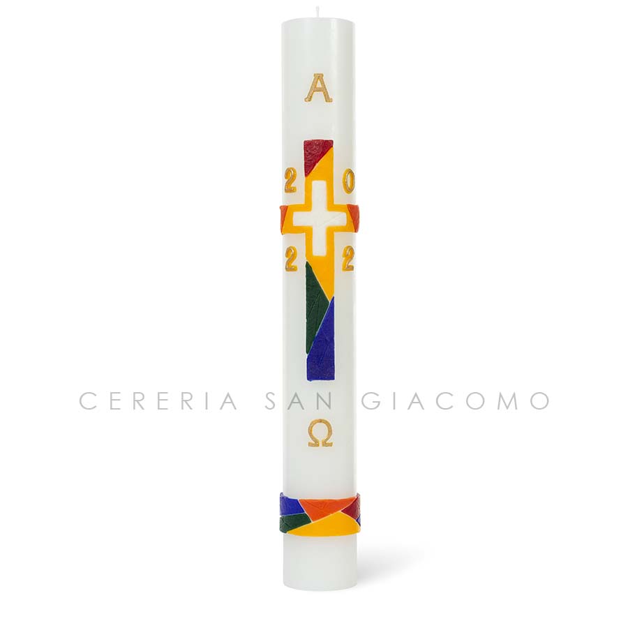 Cero Pasquale in cera bianca completo di immagini in cera in rilievo "Croce Multicolore" Candele.it