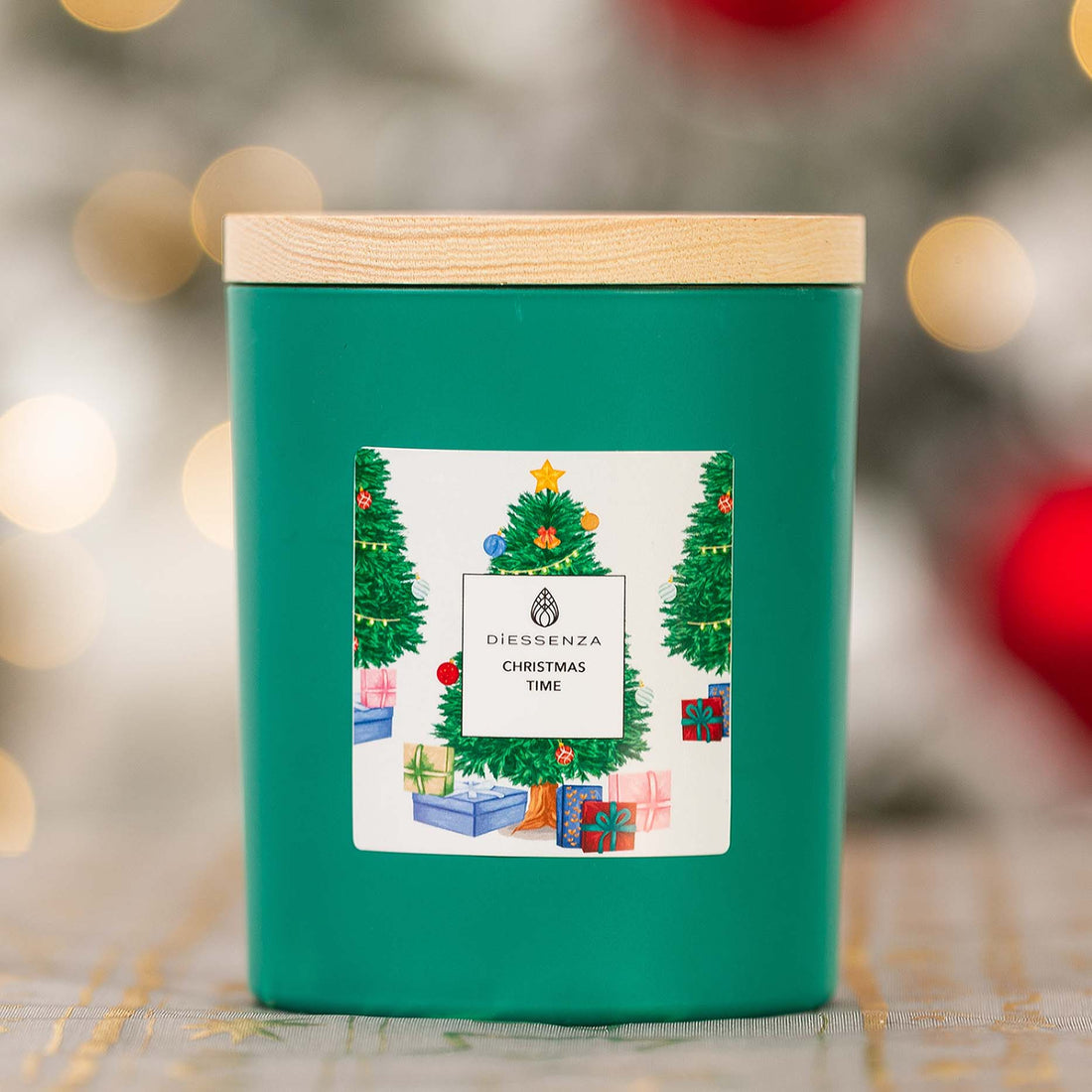 Candela "Christmas Time" Green tappo in legno Candele-cereriasangiacomo