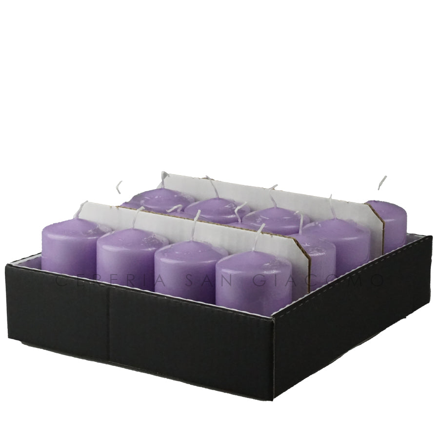 Candele Cilindriche Ø60 mm. h 100 mm. Lilla in vassoio da 16 durata ±28 ore in cellophane Candele-cereriasangiacomo