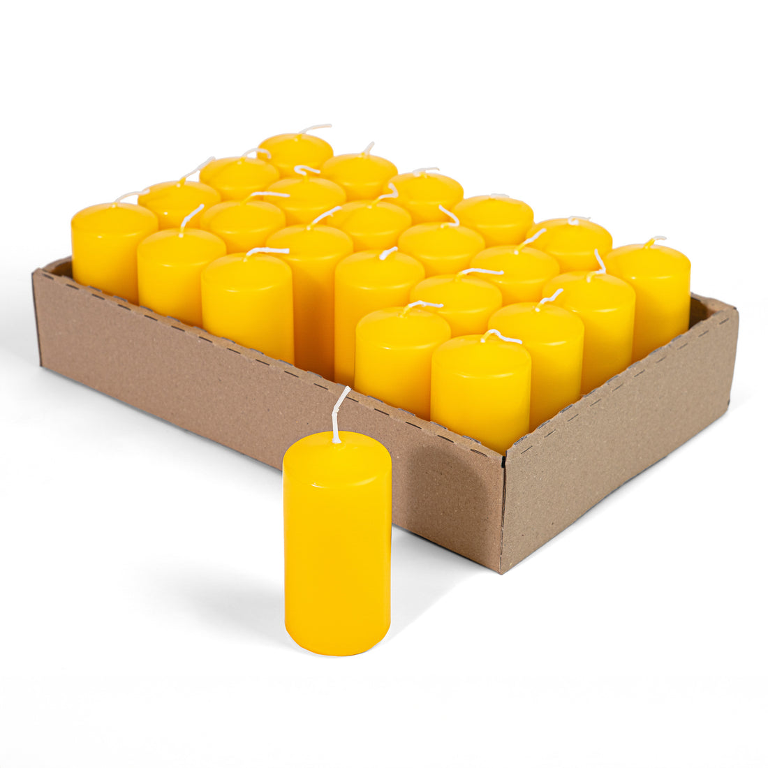 Cylindrical Candles Ø50 mm, h 100 mm. Yellow, in trays of 24 pieces, duration ±33 hours