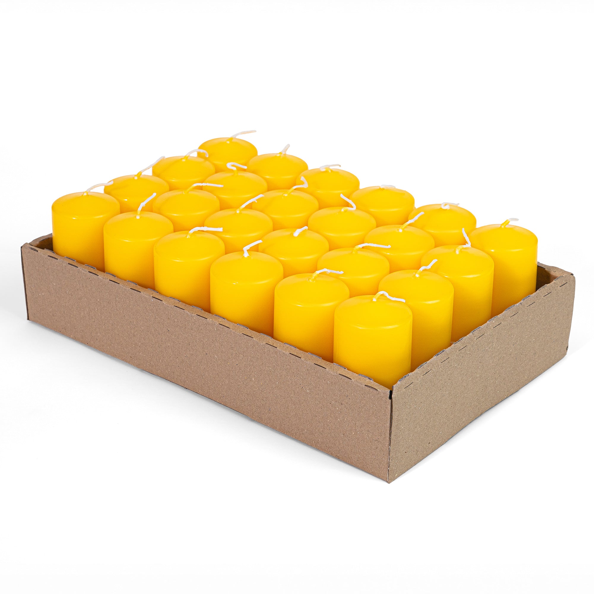 Cylindrical Candles Ø50 mm, h 100 mm. Yellow, in trays of 24 pieces, duration ±33 hours