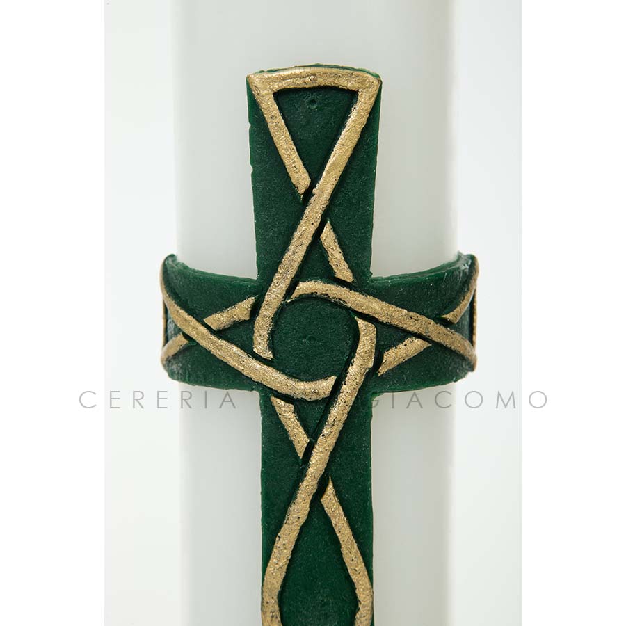 Cero Pasquale in cera bianca completo di immagini in cera in rilievo "Croce Verde Intrecciata" Candele.it