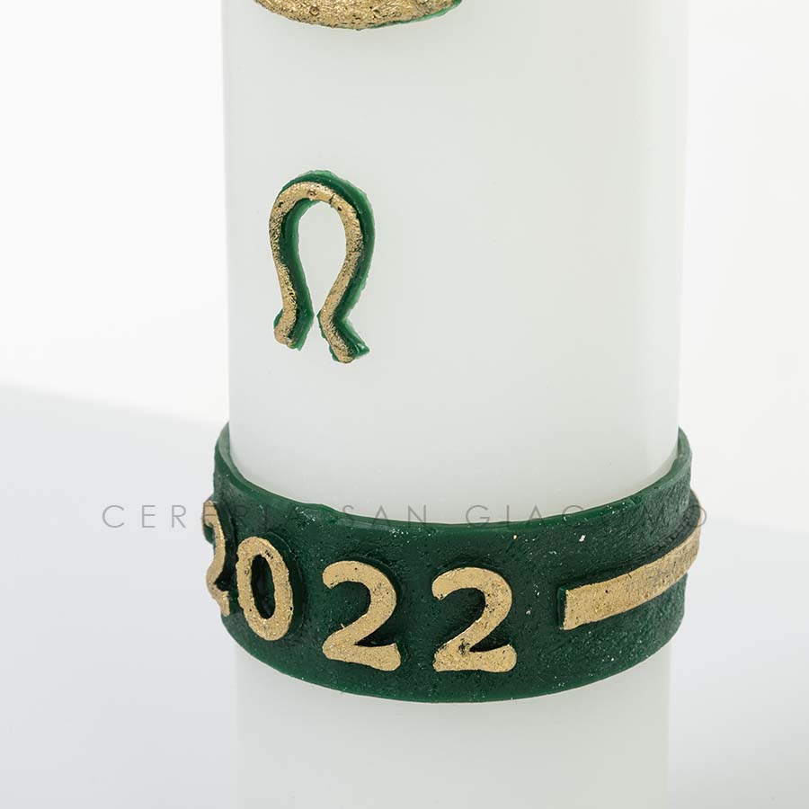 Cero Pasquale in cera bianca completo di immagini in cera in rilievo "Croce Verde Intrecciata" Candele.it
