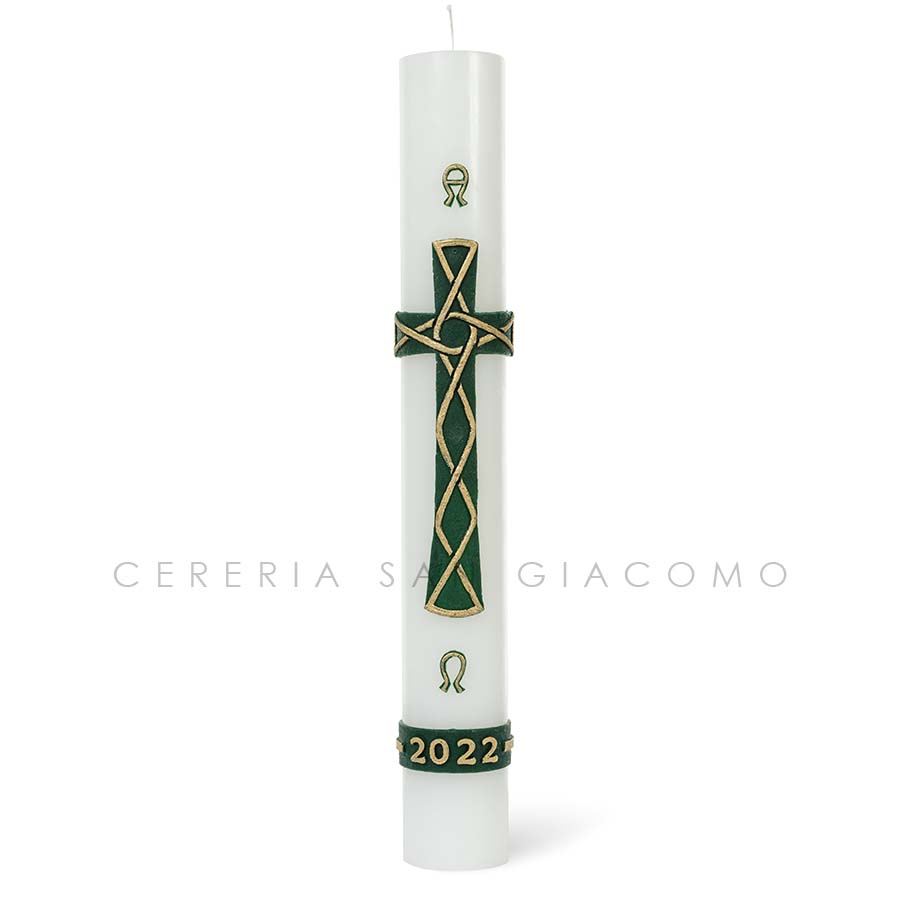Cero Pasquale in cera bianca completo di immagini in cera in rilievo "Croce Verde Intrecciata" Candele.it
