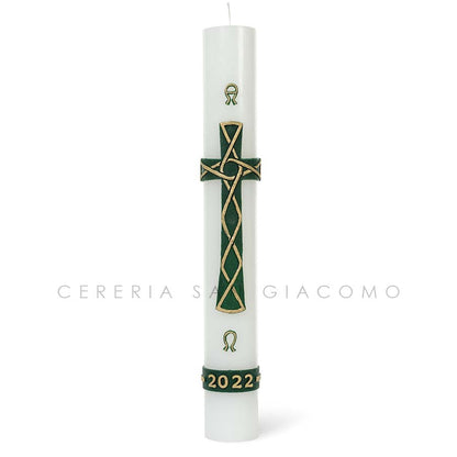 Cero Pasquale in cera bianca completo di immagini in cera in rilievo "Croce Verde Intrecciata" Candele.it