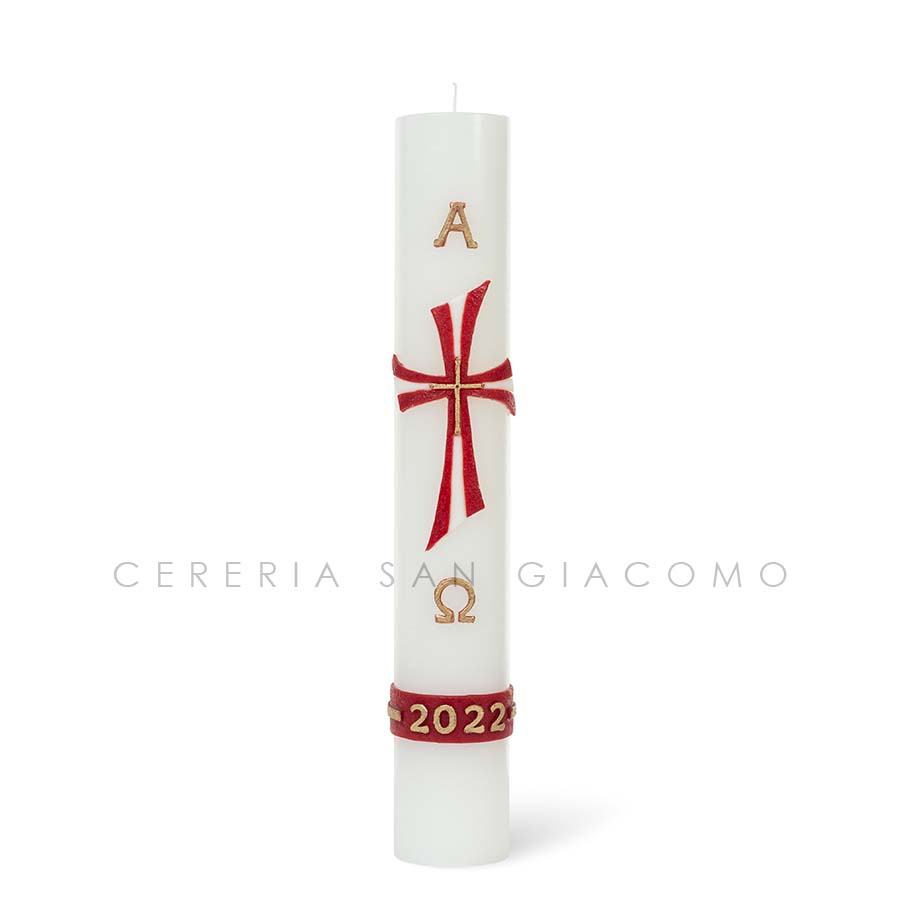 Cero Pasquale in cera bianca completo di immagini in cera in rilievo "Croce Rossa e Bianca" Candele.it