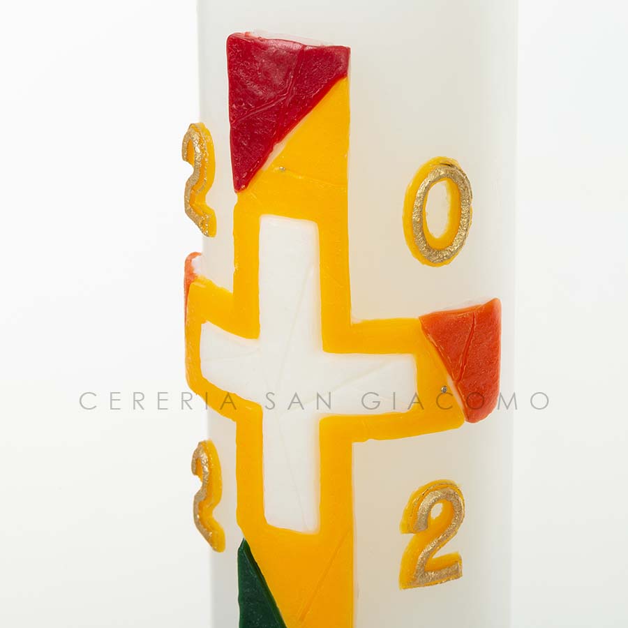 Cero Pasquale in cera bianca completo di immagini in cera in rilievo "Croce Multicolore" Candele.it